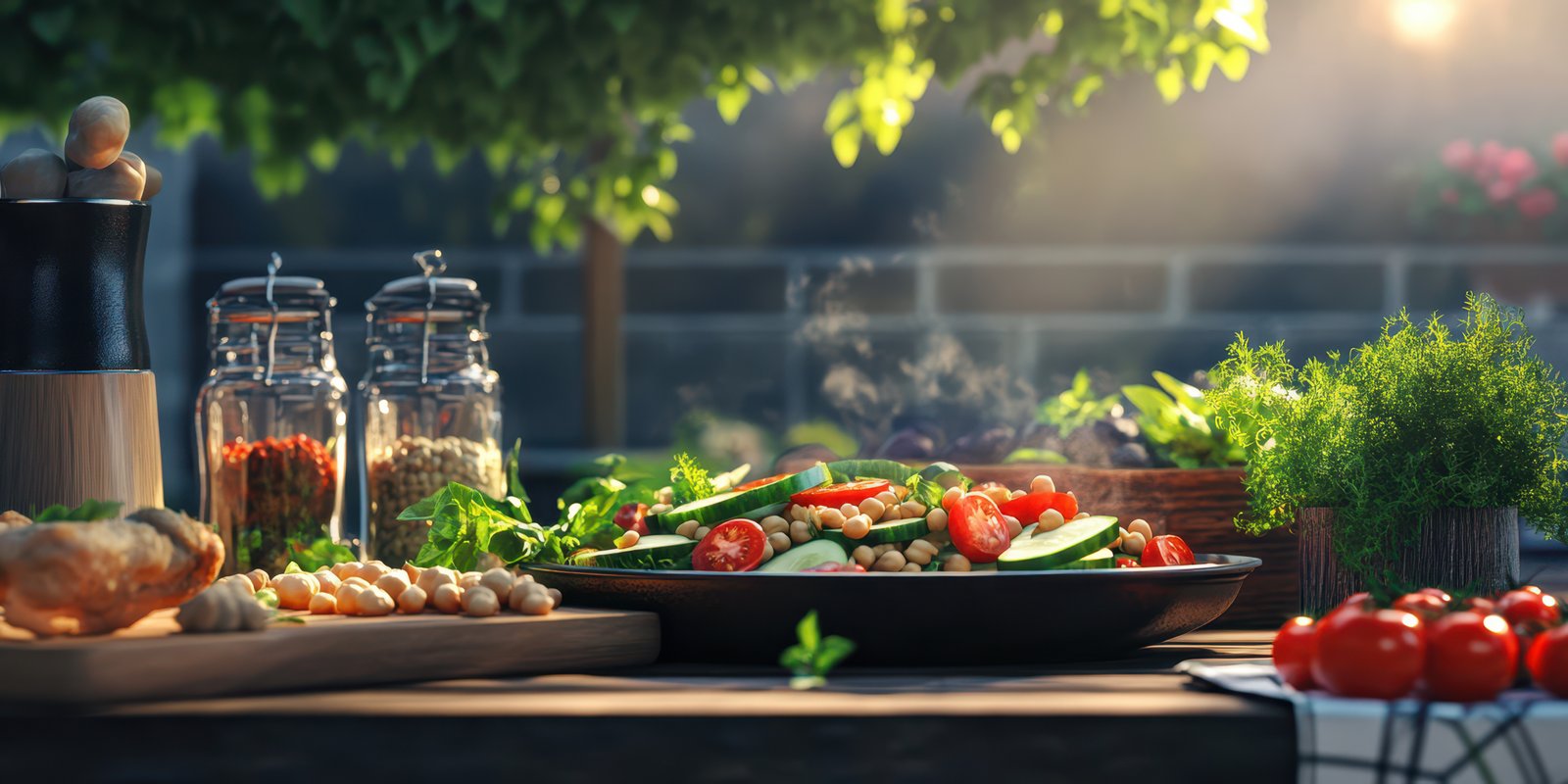 Fresh seasonal vegetables are prepared for a vibrant outdoor meal in a sunlit garden setting